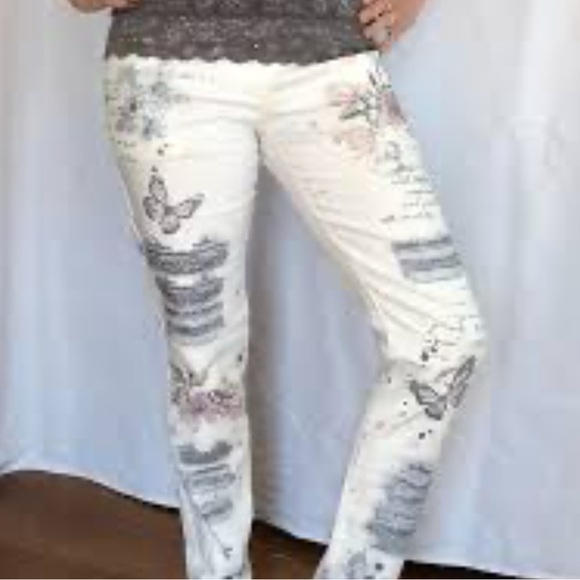 Made in Italy Summer pants CRUSH jeans white flower rose butterflies writing - Picture 6 of 17